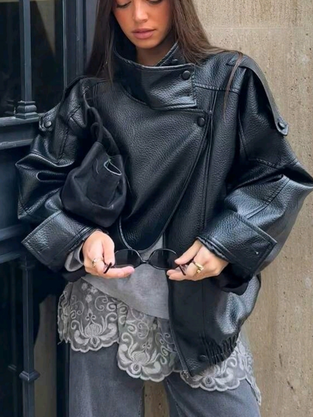 Black Faux Leather High-Neck Jacket - Women's Coat - Picture 2 of 9